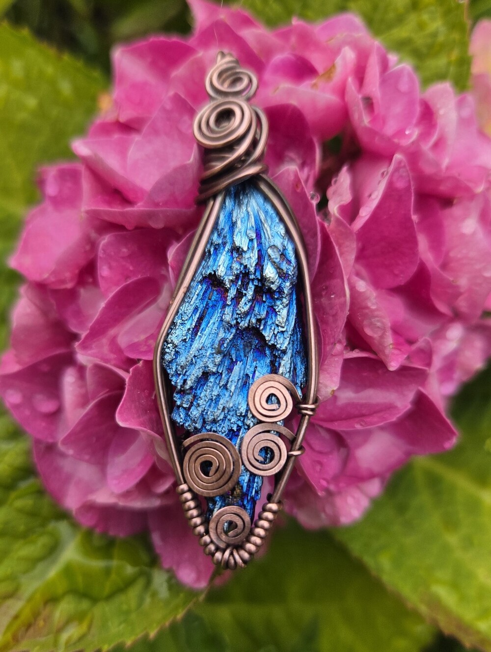 Blue Titanium Aura Kyanite Blace Copper Wire Wrap Pendant Necklace